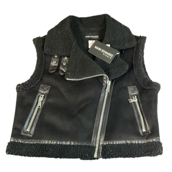 Mark Edwards Studios Sherpa Lined Faux Leather Vest Size Small Black/Silver NWT - Picture 11 of 12